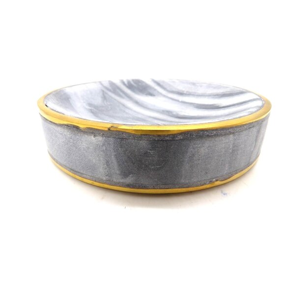 Soap Dish Round Gray Tiger Marble with Brass Trim New - Picture 2 of 4